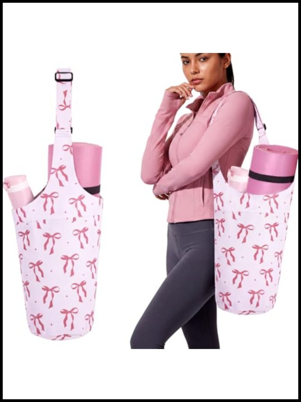 Pink Bow Yoga Mat Carrier Adjustable Strap Oxford Cloth with Pocket